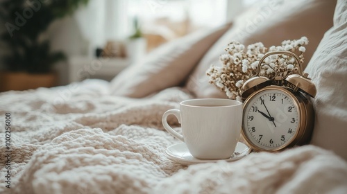 Cozy morning in bed with alarm clock and steaming coffee cup on soft white sh...