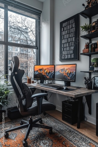 Modern workspace setup with dual monitors and greenery in a well-lit room dur...