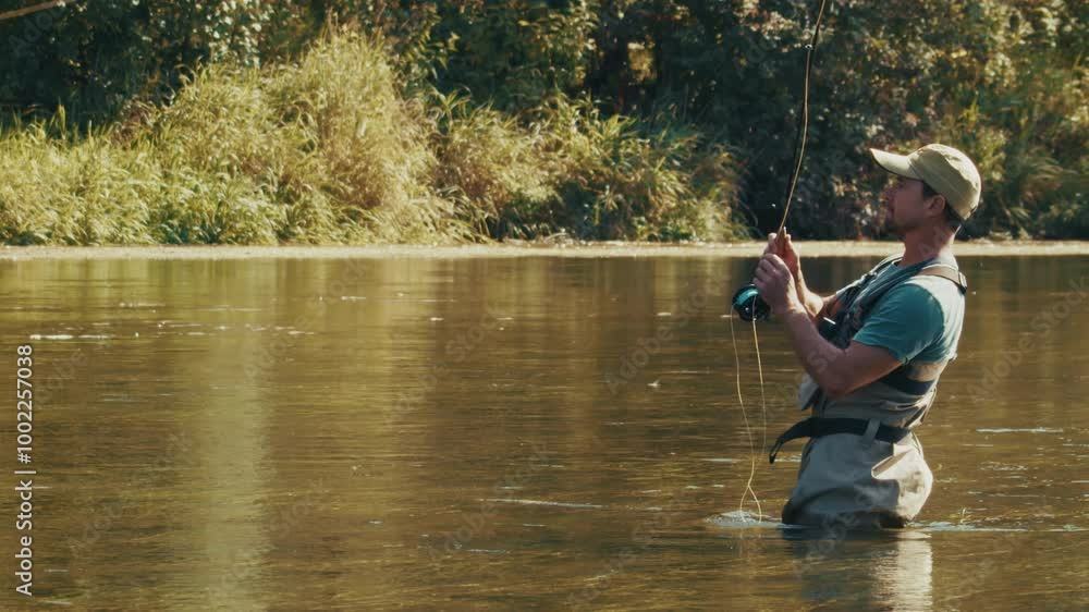 Angler fishing on the river and casting the line Angler fishing on the river and casting the line