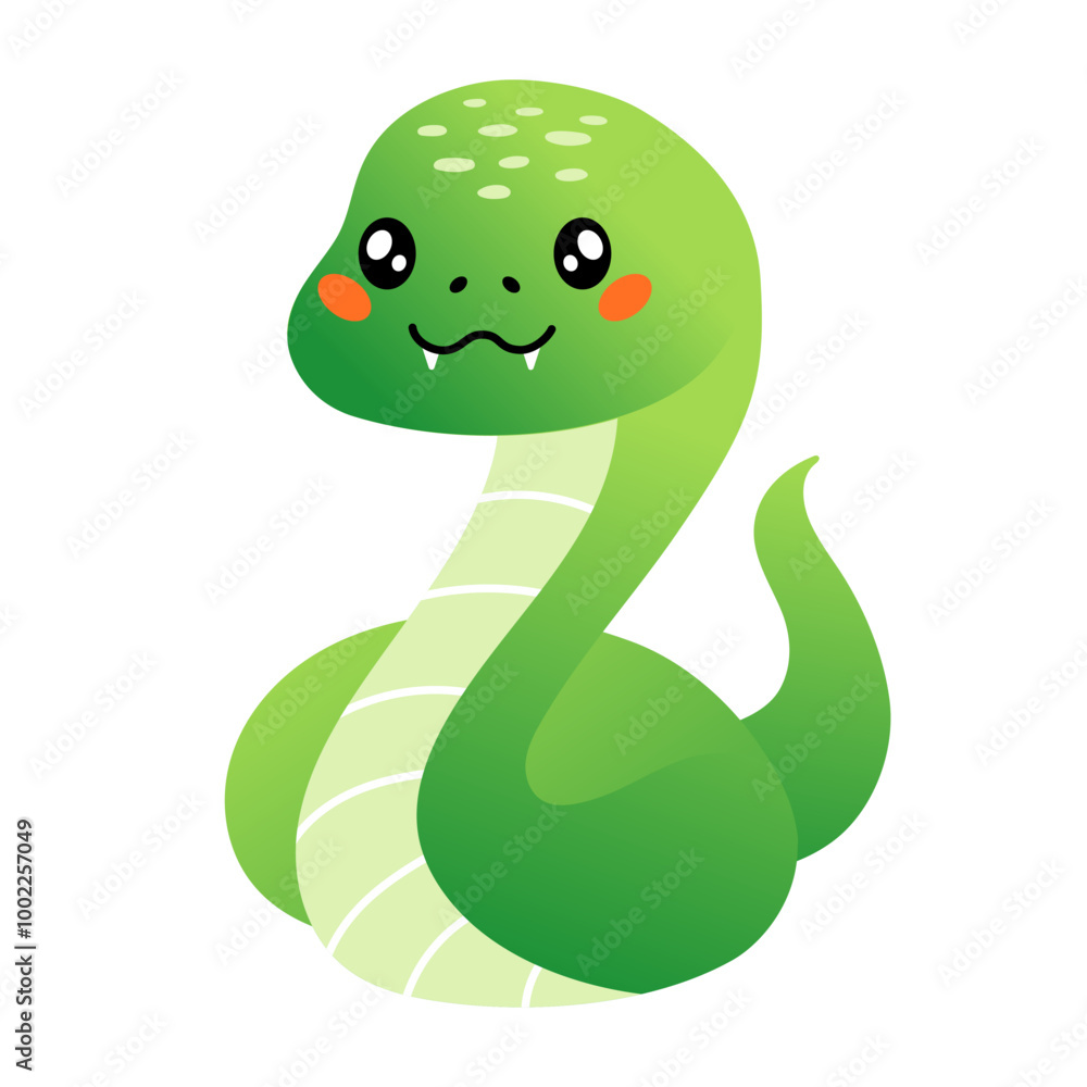 Cute cartoon green snake in flat style isolated on white. Snake kawaii character Cute cartoon green snake in flat style isolated on white. Snake kawaii character
