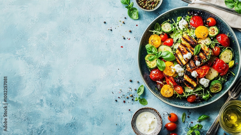 A blue salad with grilled chicken, juicy tomatoes, crunchy cucumber, and fresh lettuce A blue salad with grilled chicken, juicy tomatoes, crunchy cucumber, and fresh lettuce