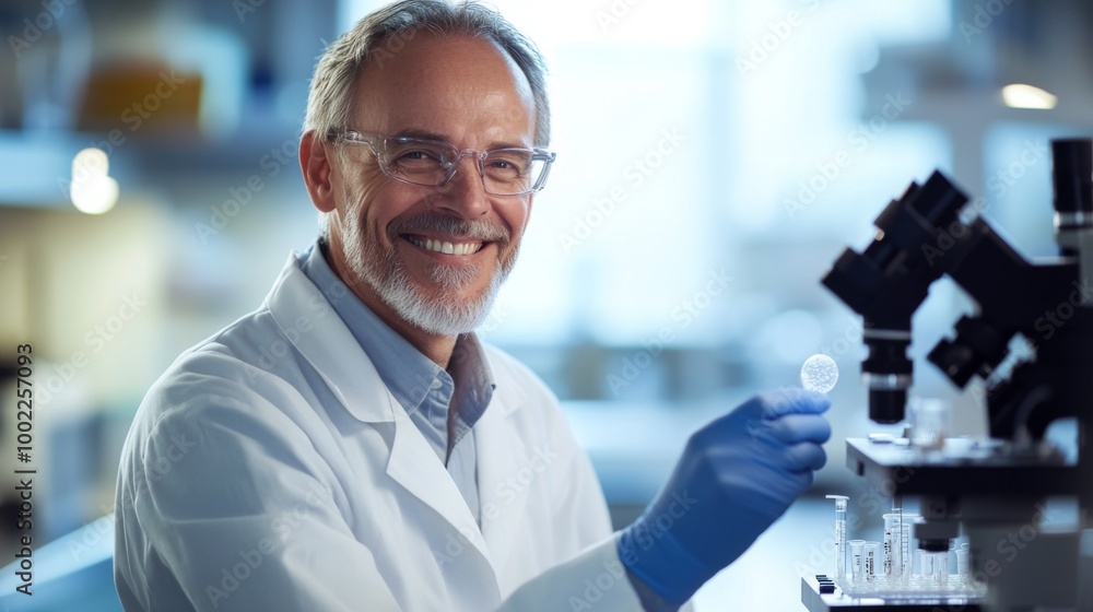 custom made wallpaper toronto digitalA Smiling Scientist in a Lab Coat Works with a Microscope and Test Tubes