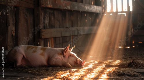 Pig Relaxing in Sunlit Barn photo