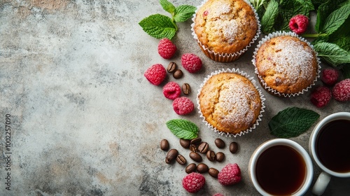 Freshly baked raspberry muffins with a cup of coffee on a textured surface