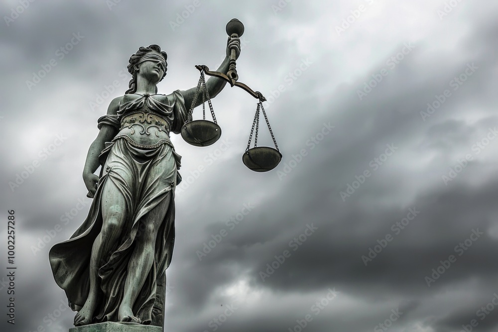 Lady Justice Statue Holding Scales of Law Against a Dark Stormy Sky
Lady Justice Statue Holding Scales of Law Against a Dark Stormy Sky