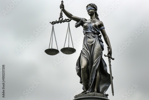 Lady Justice Statue Holding Scales of Law Against a Dark Stormy Sky






