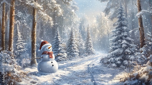 Fototapeta Naklejka Na Ścianę i Meble -  A snowy forest scene with a snowman and sparkly trees. It's a perfect picture for wishing everyone a Merry Christmas and Happy New Year!