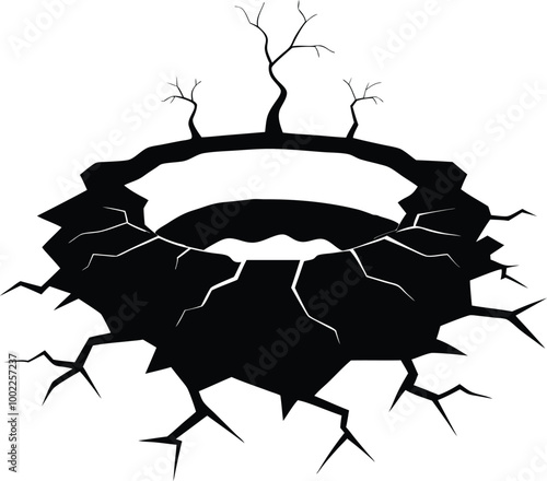 Silhouette of a cracked hole in the ground. Vector illustration on black and white.