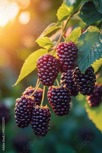 Ripe blackberries hanging on a bush during golden hour in a lush orchard