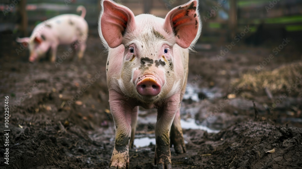 Pig Standing in a Muddy Pen with Ears Perked Up Pig Standing in a Muddy Pen with Ears Perked Up