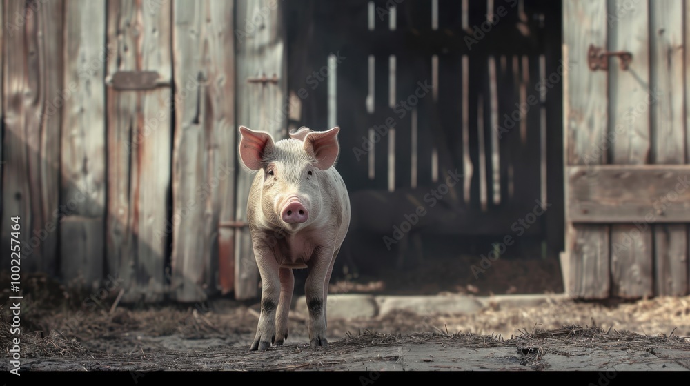 Pig Standing in Front of a Large Barn Door Pig Standing in Front of a Large Barn Door