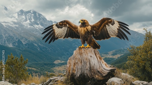 Golden eagle perched on a tree stump with mountains in the background on a cl...
