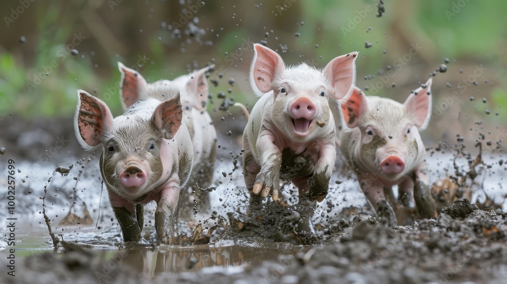 Playful Piglets Enjoying a Muddy Adventure Playful Piglets Enjoying a Muddy Adventure