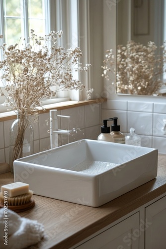 Elegant bathroom sink setup with natural light and plants near a window