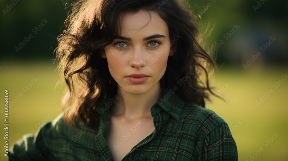 Radiant Charm: A Half-Body Portrait of a Beautiful Brunette Scottish Girl with Green Eyes and a Messy Beehive Hairstyle in a Tartan Shirt Radiant Charm: A Half-Body Portrait of a Beautiful Brunette Scottish Girl with Green Eyes and a Messy Beehive Hairstyle in a Tartan Shirt