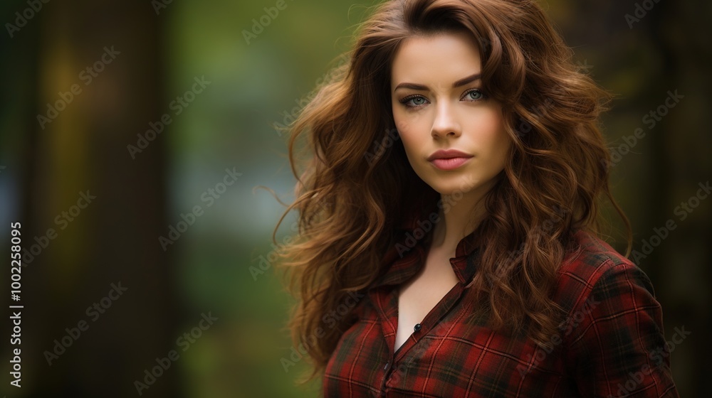 Radiant Charm: A Half-Body Portrait of a Beautiful Brunette Scottish Girl with Green Eyes and a Messy Beehive Hairstyle in a Tartan Shirt Radiant Charm: A Half-Body Portrait of a Beautiful Brunette Scottish Girl with Green Eyes and a Messy Beehive Hairstyle in a Tartan Shirt