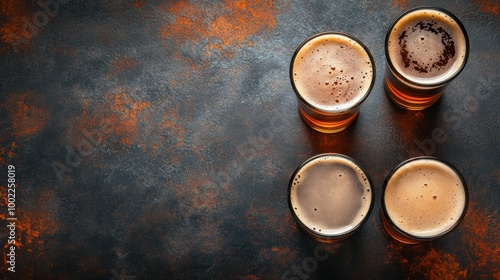 Refreshing glass of beer with frothy head against a golden background on a wa...