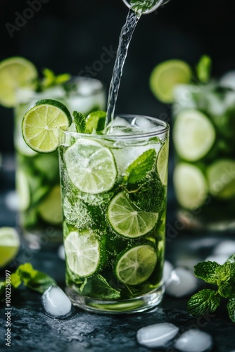 Refreshing mojito cocktails with mint and lime on a wooden bar