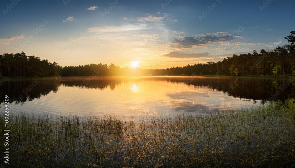 Panorama of beautiful sunrise over lake Panorama of beautiful sunrise over lake