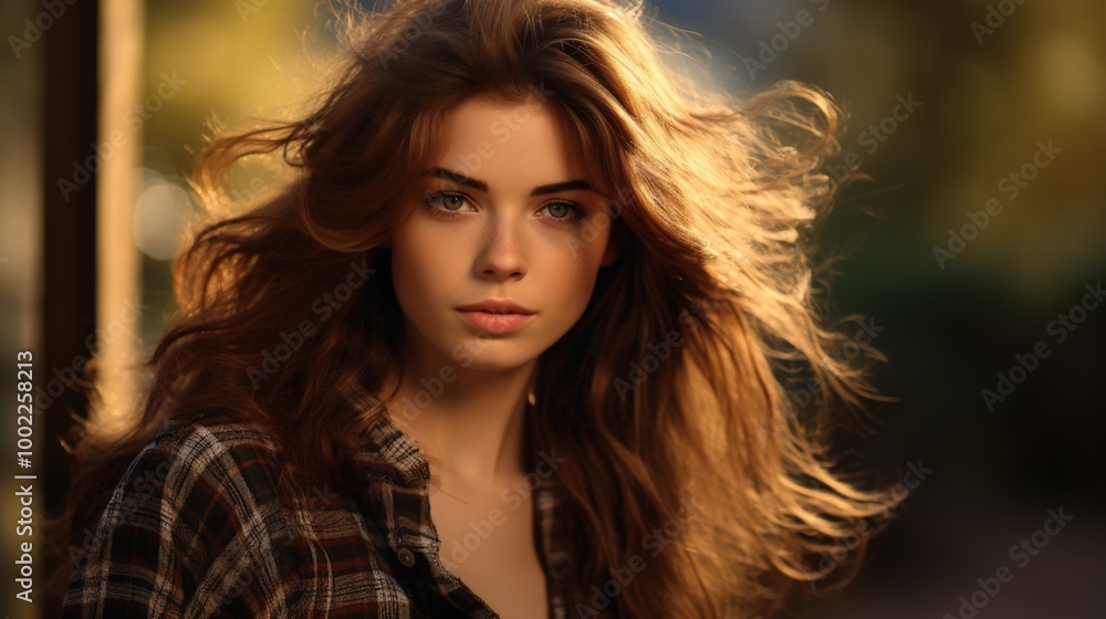 Radiant Charm: A Half-Body Portrait of a Beautiful Brunette Scottish Girl with Green Eyes and a Messy Beehive Hairstyle in a Tartan Shirt Radiant Charm: A Half-Body Portrait of a Beautiful Brunette Scottish Girl with Green Eyes and a Messy Beehive Hairstyle in a Tartan Shirt