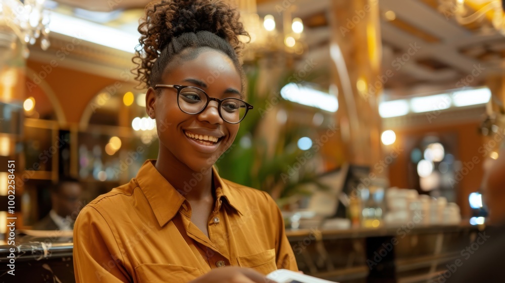 Fototapeta premium Friendly Hotel Receptionist Handing Key to Guest