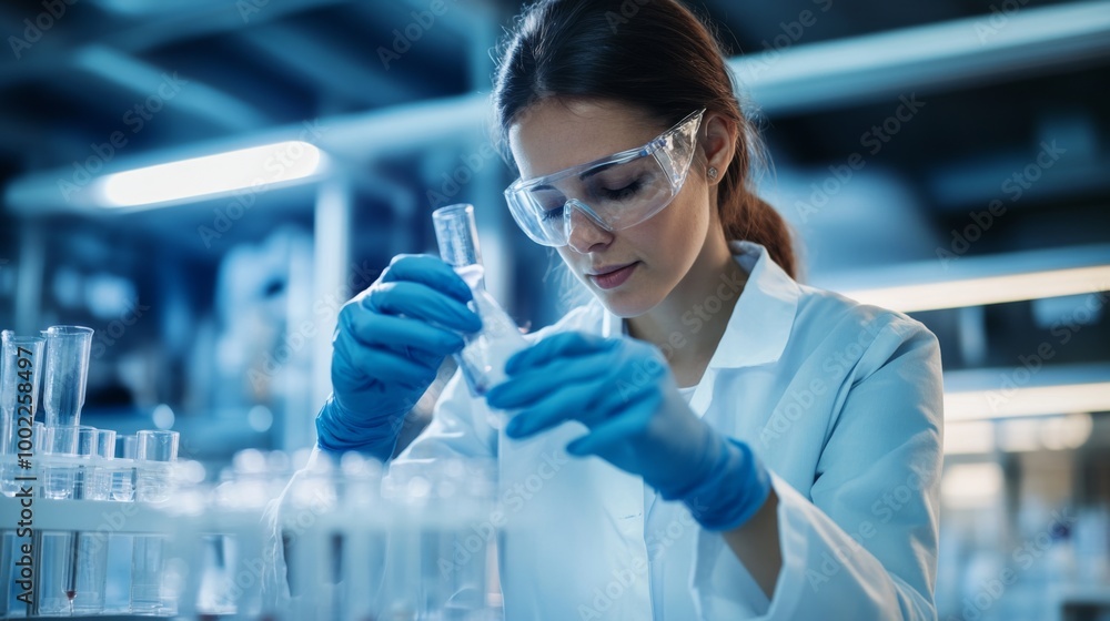 Female Scientist in a Lab Holding a Beaker, Wearing Safety Glasses and Gloves Female Scientist in a Lab Holding a Beaker, Wearing Safety Glasses and Gloves