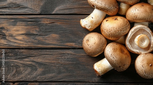 Fresh mushrooms arranged on rustic wooden table with decorative herbs