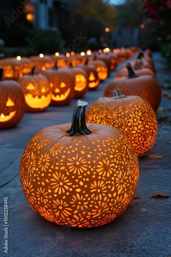 Magical autumn evening with intricately carved pumpkins glowing on a quiet st...