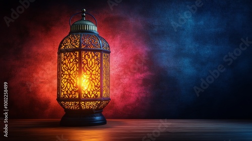 Beautifully crafted lantern illuminated against a colorful background in a dimly lit environment