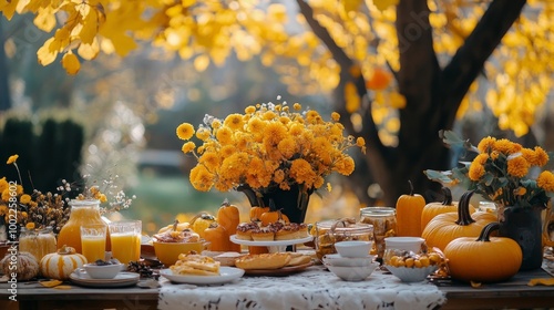 Fall gathering with a festive autumn spread featuring flowers, pumpkins, and ...