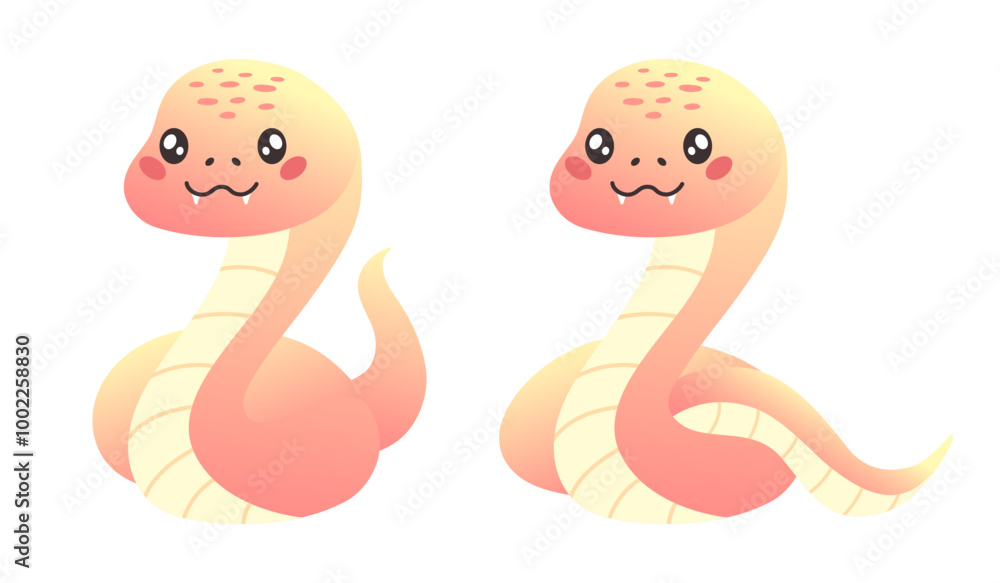 Fototapeta premium Set of cute cartoon pink snakes in flat style isolated on white. Snake kawaii character
