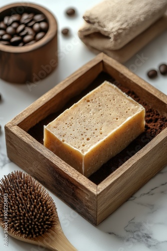 Handmade soap and natural ingredients in wooden box on marble surface