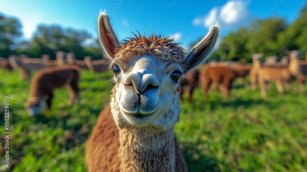 Obraz premium Young llama grazing in a vibrant green field during a sunny day