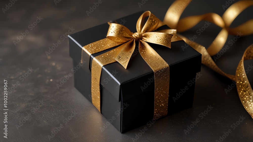 a black box with gold ribbon and a bow a black box with gold ribbon and a bow