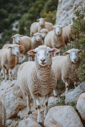 Sheep grazing among rocky terrain in a serene countryside setting