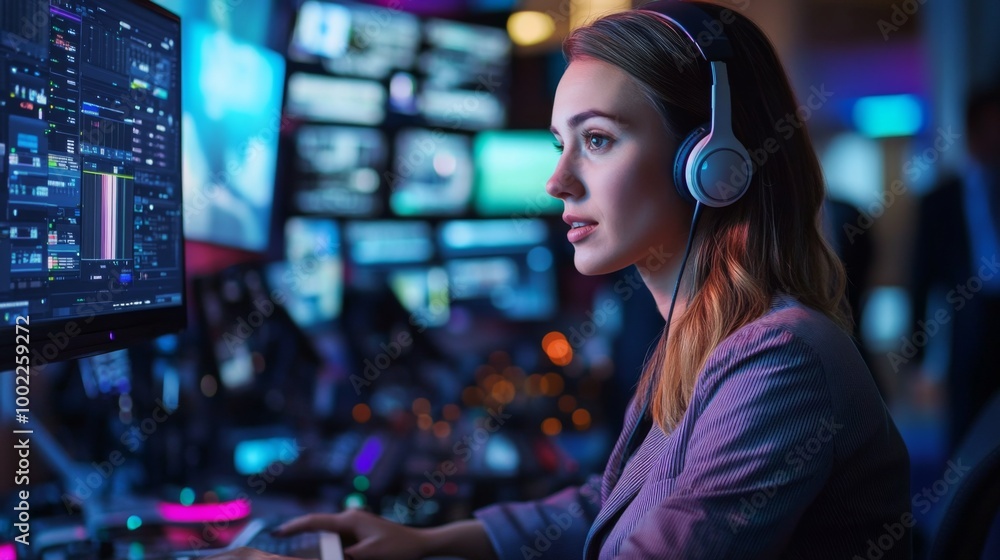 Woman in Headphones Working on a Computer with Multiple Screens Woman in Headphones Working on a Computer with Multiple Screens