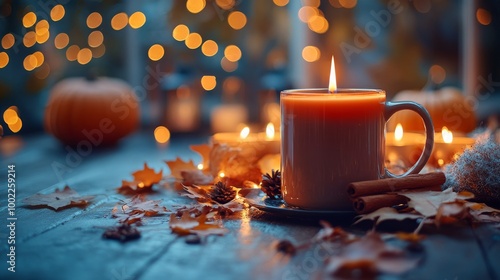 Cozy autumn setup with a candle and pumpkin on a wooden table by the window