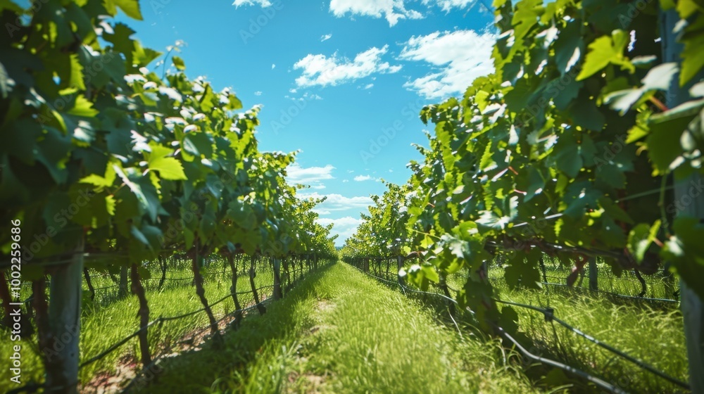 Serene Rows of Grape Vines Under Bright Blue Sky Serene Rows of Grape Vines Under Bright Blue Sky