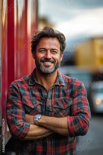 Confident man in sunglasses smiling with arms crossed near a vehicle on a sun...