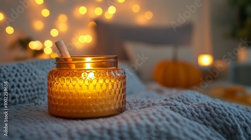 Cozy candlelight on a knitted blanket with warm decorative lights in a serene...