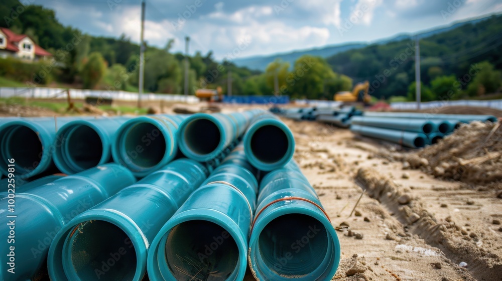 Stacked Plastic Water Pipes at Construction Site Stacked Plastic Water Pipes at Construction Site