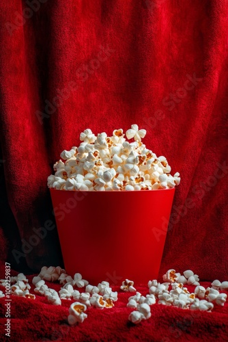 Popcorn scattered on red velvet against a blue curtain in a cozy cinema setting