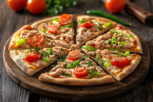 A sliced tuna pizza with tomato and green pepper toppings is displayed on a wooden table with copy space image