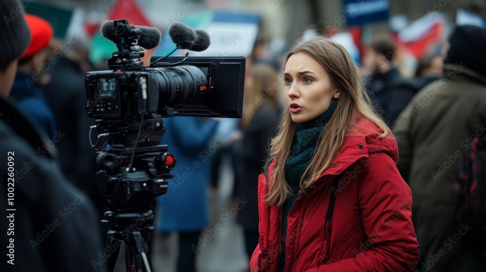 Naklejka premium Woman in Red Jacket Being Interviewed by a Cameraman