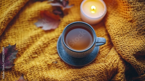 Warm tea resting on a cozy blanket with candles and autumn leaves in a serene...