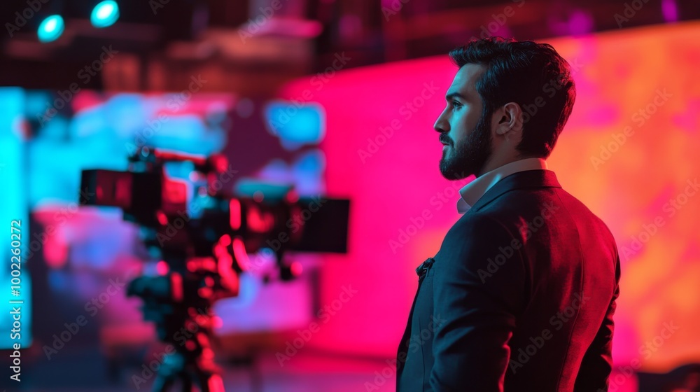 Man in a Suit with a Camera Facing a Screen Man in a Suit with a Camera Facing a Screen