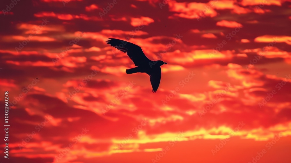 Obraz premium Dramatic Silhouette of Bird Flying Against Red Sky
