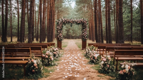 Outdoor wedding ceremony setup in a tranquil forest with floral decorations a...