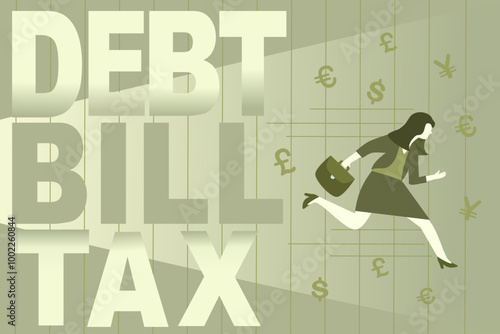Business woman Running from Debt, Bills, and Taxes for Financial Stress and Economic Pressure Concept Illustration