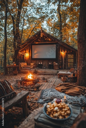 Cozy outdoor cinema setup with fire pit in an autumn forest cabin during the ...